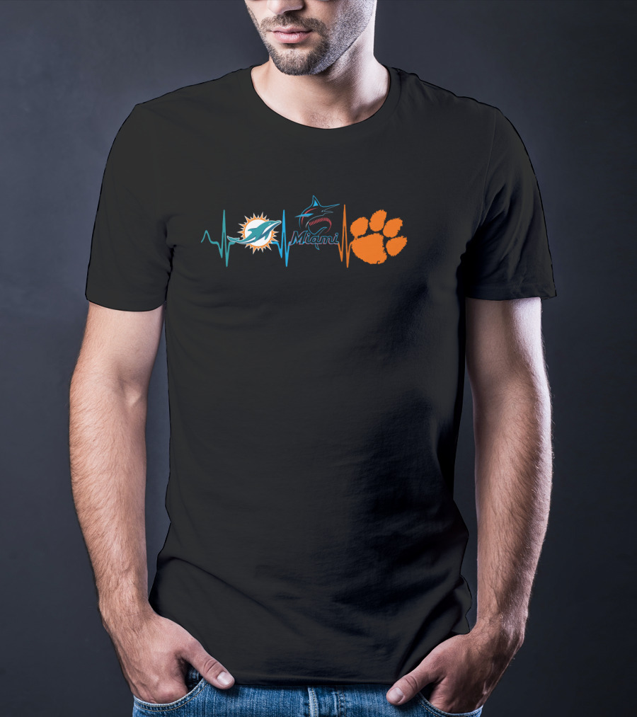 Miami Dolphins Miami Marlins Heartbeat Clemson Tigers Paw T-Shirt