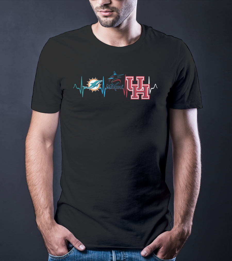 Miami Dolphins Marlins Houston Cougars Heartbeat T-Shirt