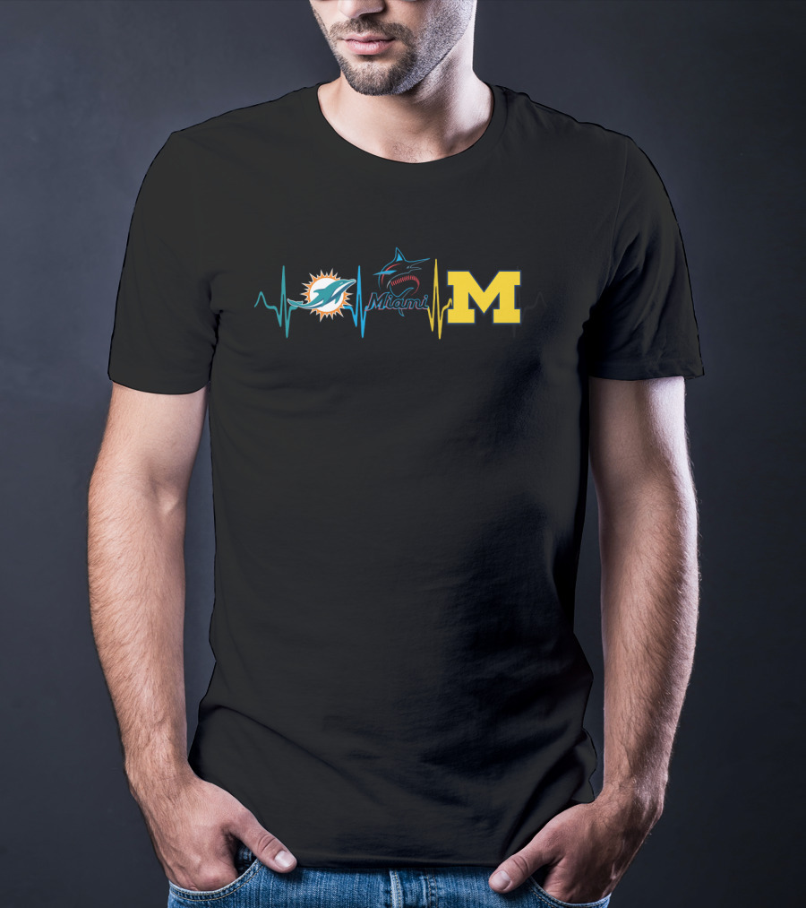 Miami Dolphins Marlins Michigan Wolverines Mw Heartbeat T-Shirt