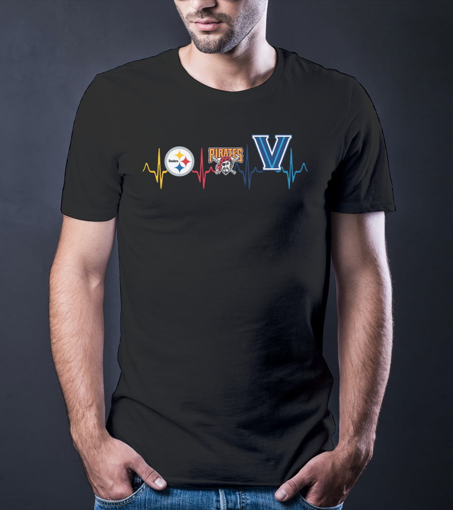 Steelers Logo Pirates Logo Villanova Heartbeat T-Shirt