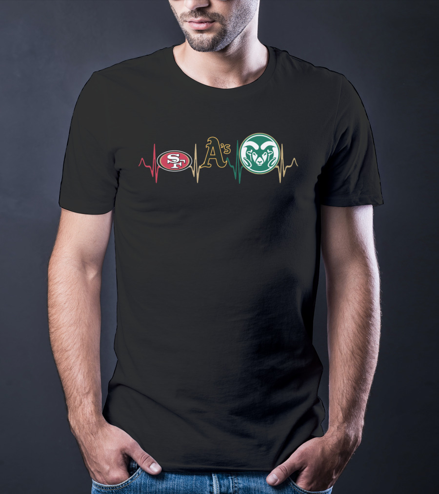 49ers Heartbeat With Athletics And Rams Logos T-Shirt