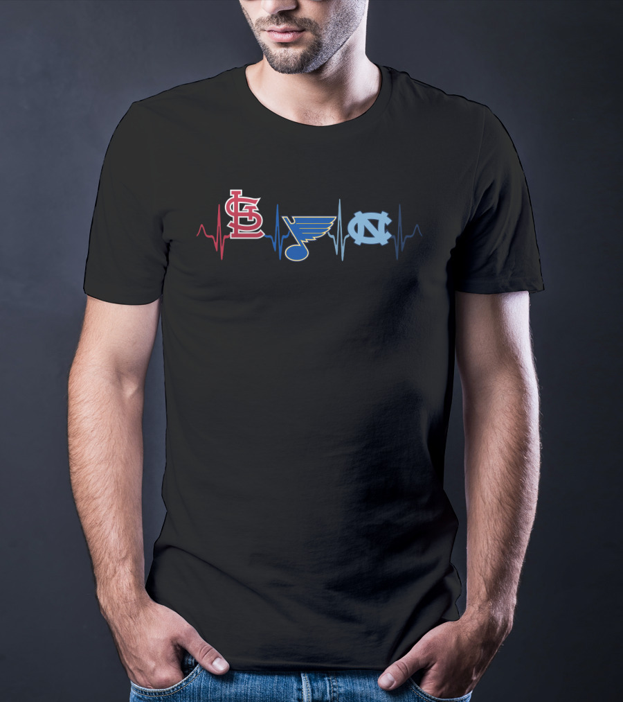 Love St. Louis Cardinals Blues North Carolina Tar Heels Heartbeat T-Shirt