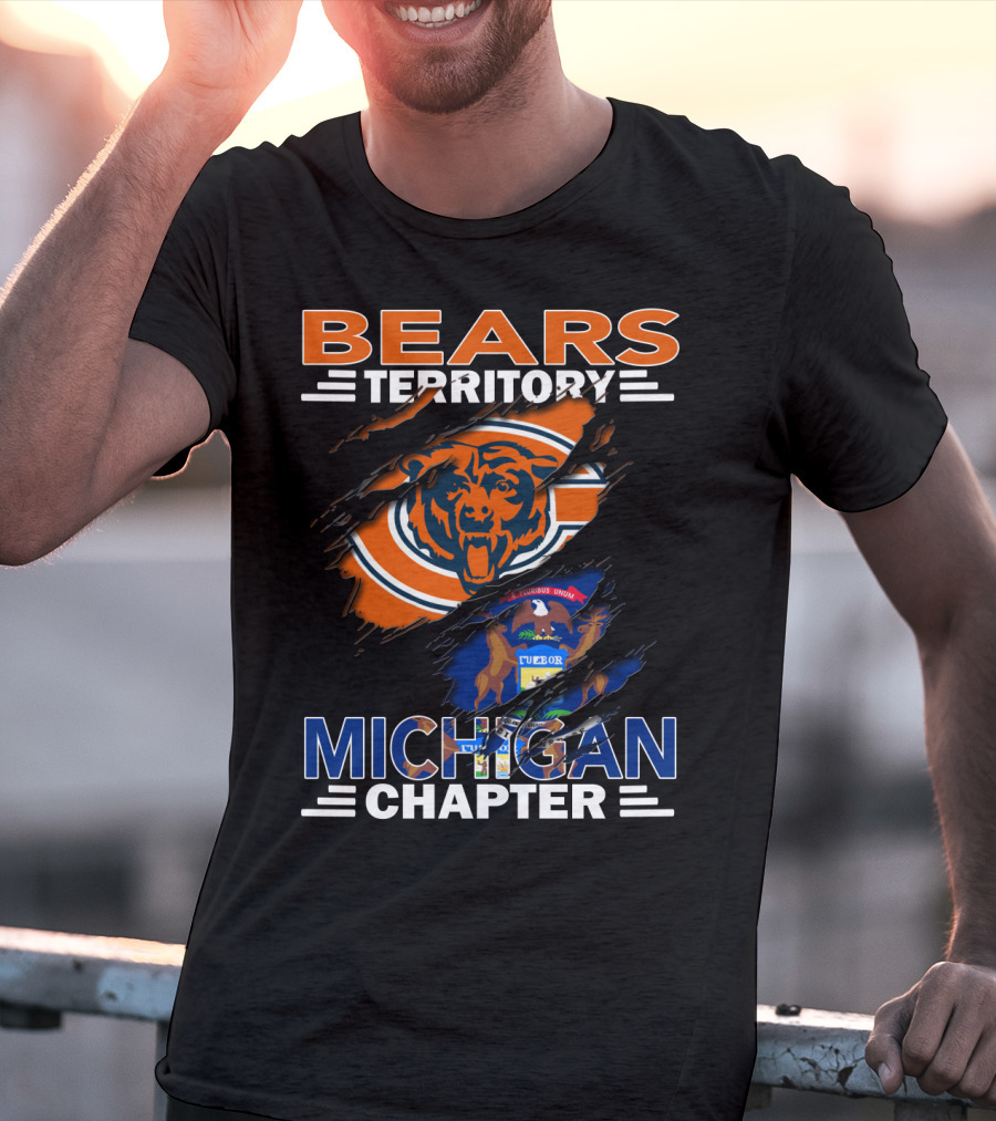 Bears Territory Detroit Michigan Chapter Logo Featuring Bear Mascot And State Flag T-Shirt