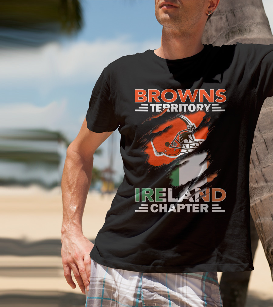 Browns Territory Ireland Chapter Helmet And Irish Flag Background T-Shirt