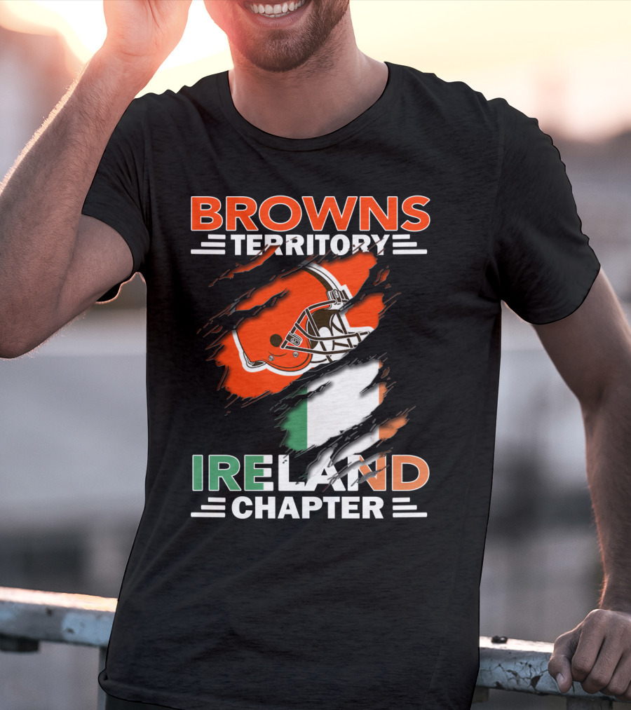 Browns Territory Ireland Chapter Helmet And Irish Flag Background T-Shirt
