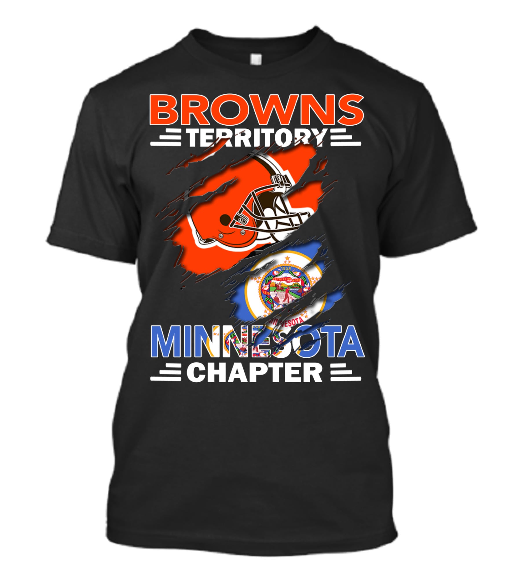 Browns Territory Minnesota Chapter Football Helmet And State Emblem Orange Black Blue Bar Logo Team Flag T-Shirt