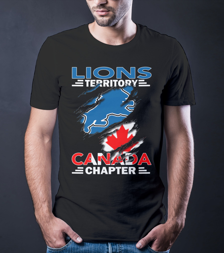 Lions Territory Canada Chapter Blue Lion Silhouette Red Maple Leaf T-Shirt