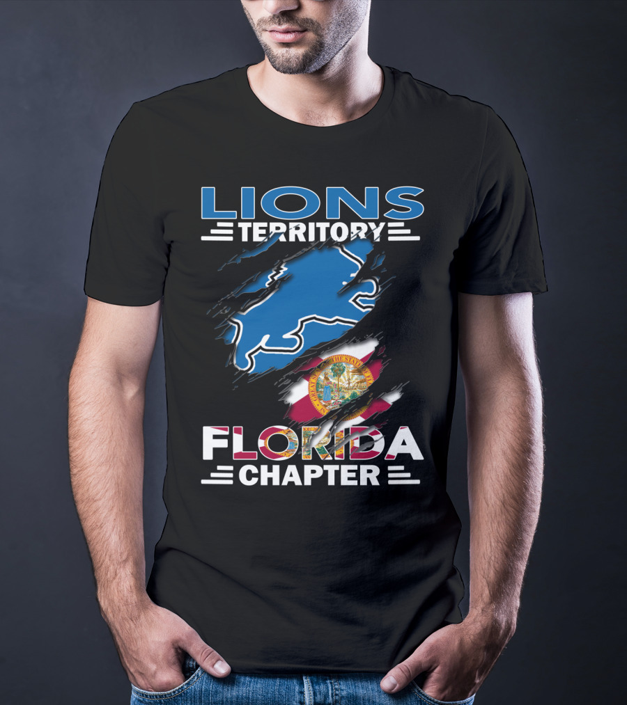 Lions Territory Florida Chapter Blue Lion Outline With Florida State Flag Tear T-Shirt