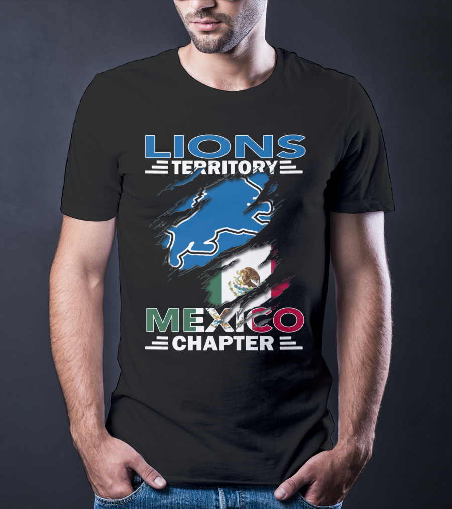Lions Territory Mexico Chapter Blue Lion Silhouette And Mexican Flag T-Shirt