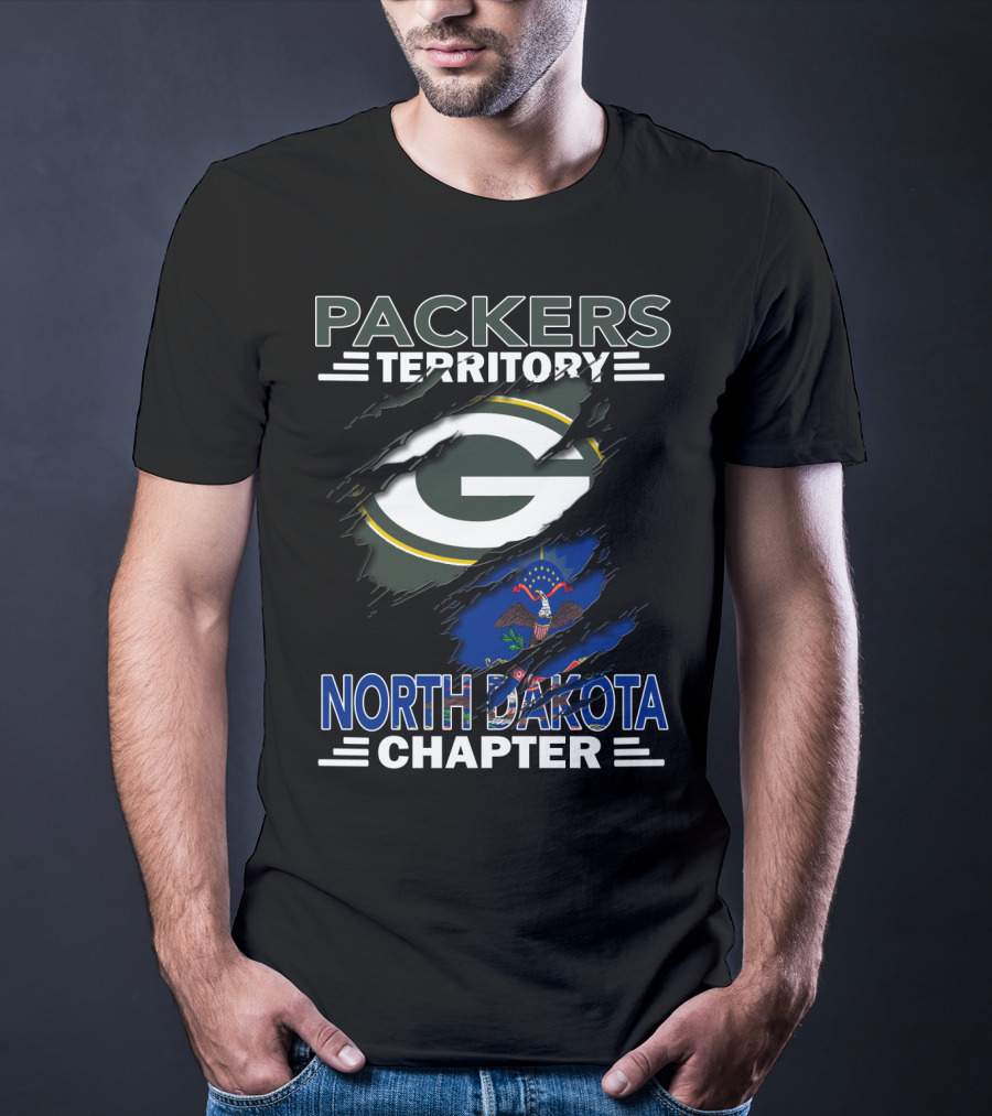 Packers Territory North Dakota Chapter Torn Green Bay G Logo And State Flag T-Shirt