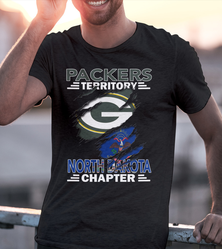 Packers Territory North Dakota Chapter Torn Green Bay G Logo And State Flag T-Shirt