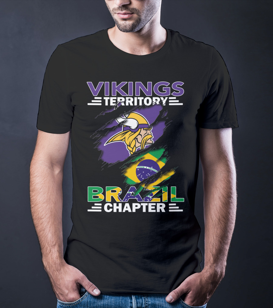 Vikings Territory Brazil Chapter Purple Gold Logo And Brazilian Flag Fusion T-Shirt