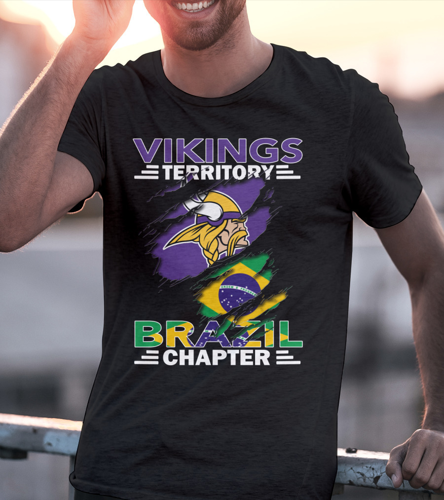 Vikings Territory Brazil Chapter Purple Gold Logo And Brazilian Flag Fusion T-Shirt
