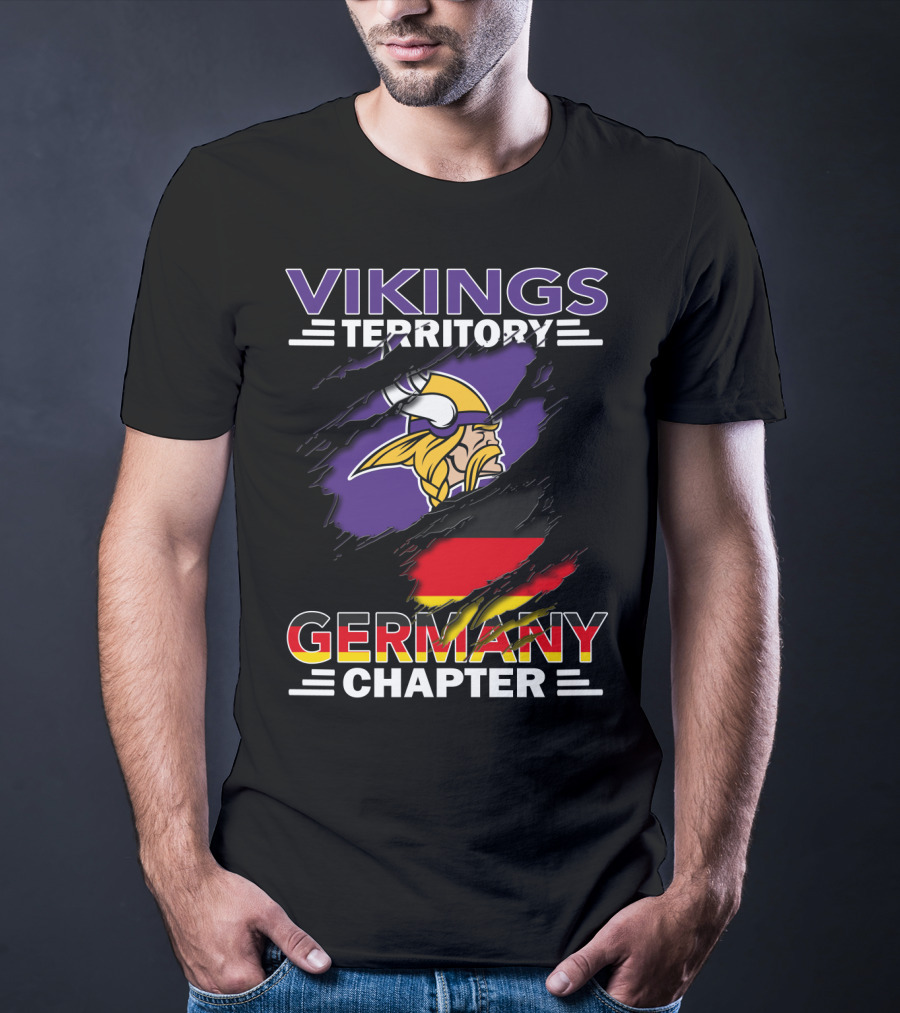 Vikings Territory Germany Chapter Purple And Gold Logo With German Flag Background T-Shirt
