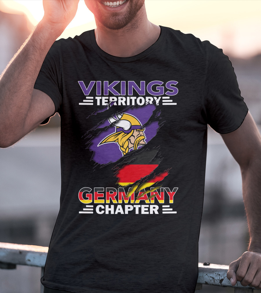 Vikings Territory Germany Chapter Purple And Gold Logo With German Flag Background T-Shirt