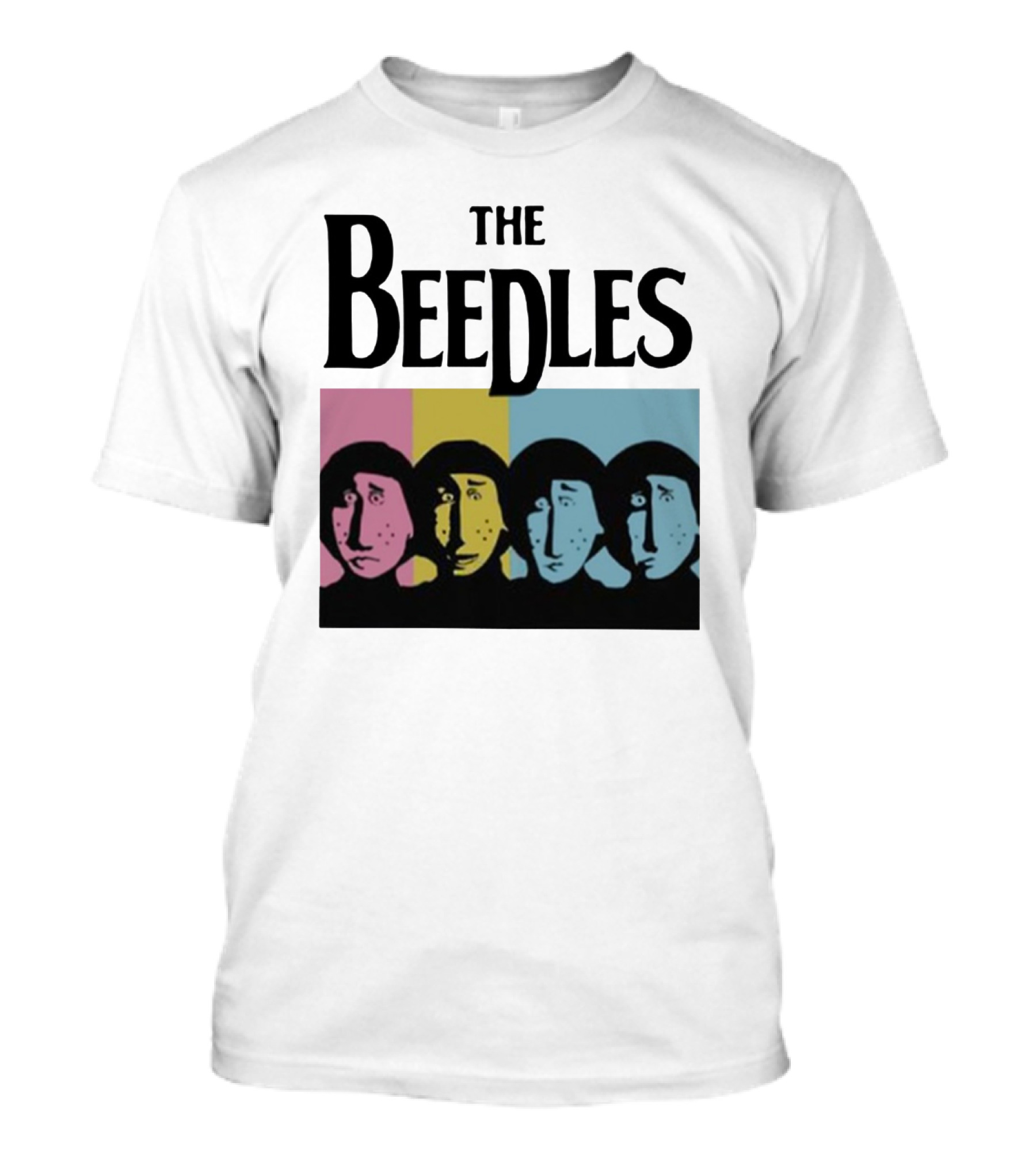 The Beedles Cartoon Pop Art Faces In Pink Yellow Blue T-Shirt