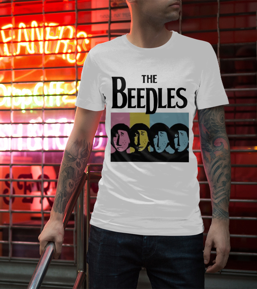 The Beedles Cartoon Pop Art Faces In Pink Yellow Blue T-Shirt