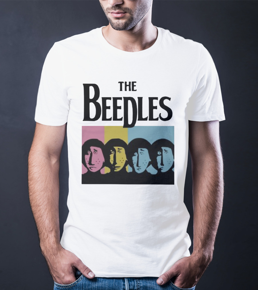 The Beedles Cartoon Pop Art Faces In Pink Yellow Blue T-Shirt
