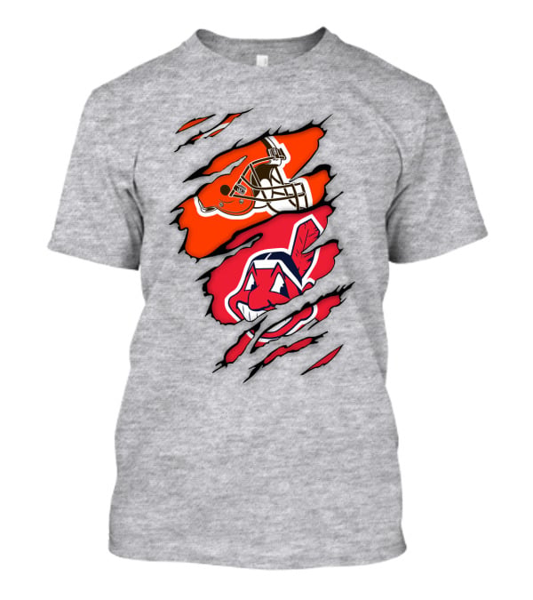 Cleveland Indians Browns Football Helmet Chief Wahoo Torn Rip T-Shirt