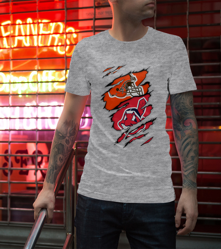 Cleveland Indians Browns Football Helmet Chief Wahoo Torn Rip T-Shirt