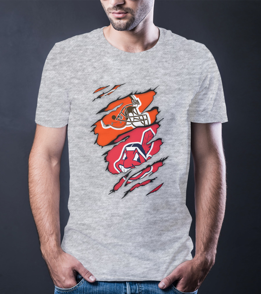 Cleveland Indians Browns Football Helmet Chief Wahoo Torn Rip T-Shirt