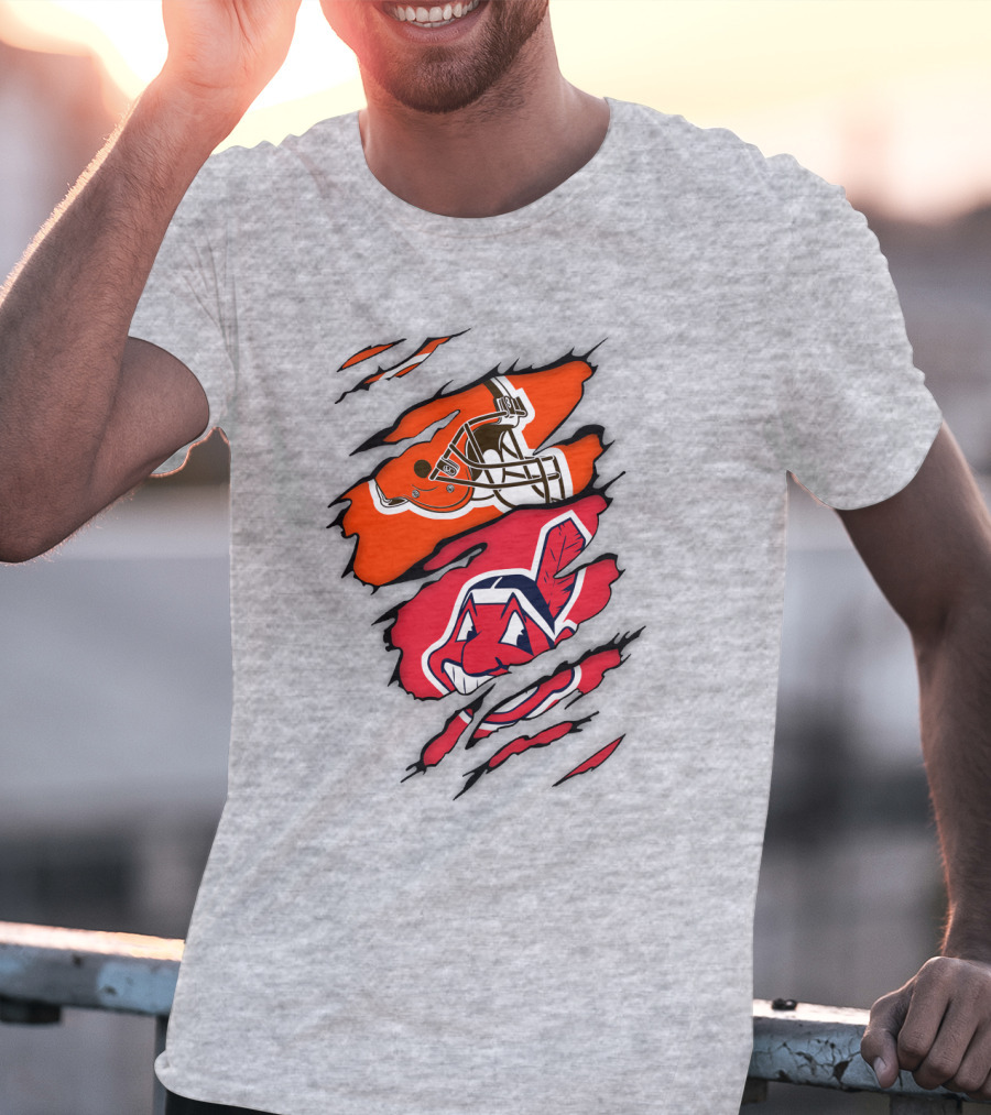Cleveland Indians Browns Football Helmet Chief Wahoo Torn Rip T-Shirt