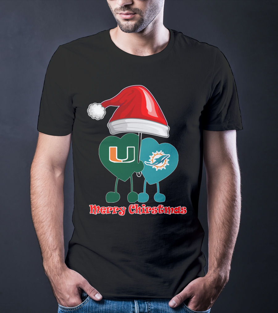 Merry Christmas Miami Dolphins Miami Hurricanes Santa Hat Hearts T-Shirt