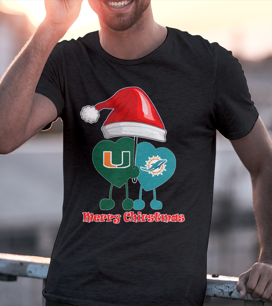 Merry Christmas Miami Dolphins Miami Hurricanes Santa Hat Hearts T-Shirt