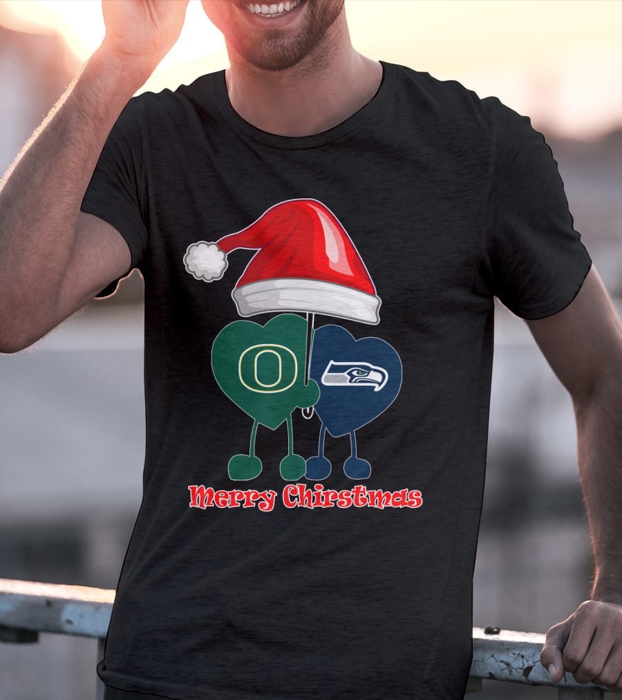 Merry Christmas Oregon Seattle Seahawks Holiday Hat Hearts T-Shirt