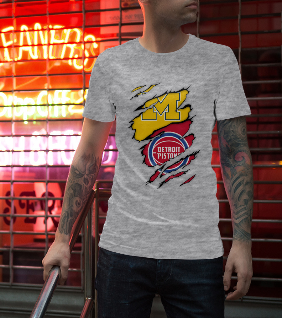Detroit Pistons Michigan Wolverines Team Logo Mashup T-Shirt