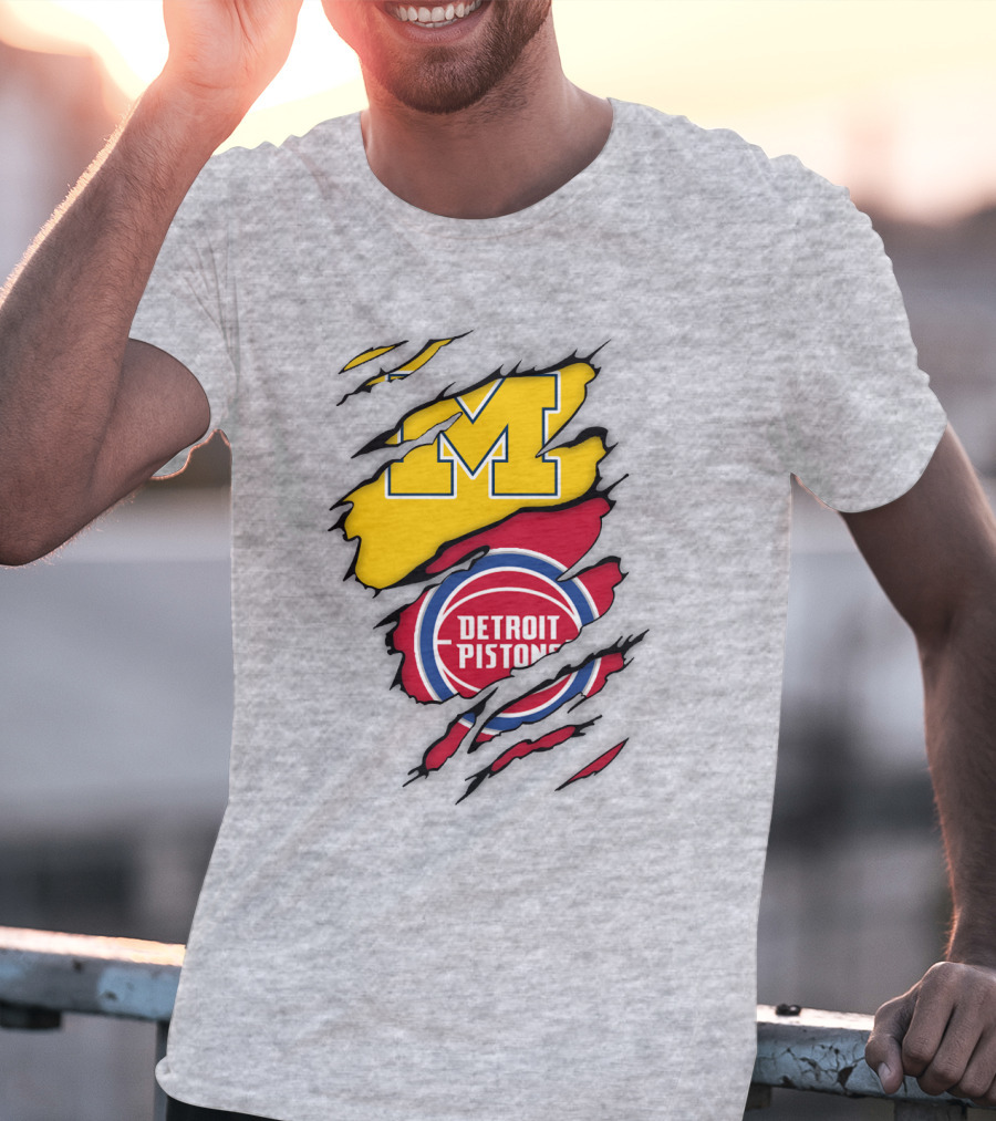 Detroit Pistons Michigan Wolverines Team Logo Mashup T-Shirt