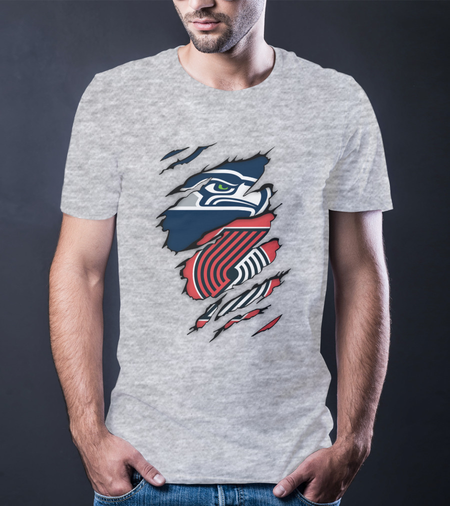 Portland Trail Blazers Seattle Seahawks Ripped Logo Fusion T-Shirt