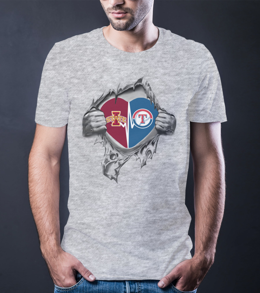 Iowa State Cyclones And Texas Rangers Heart Burst Logo Collaboration T-Shirt