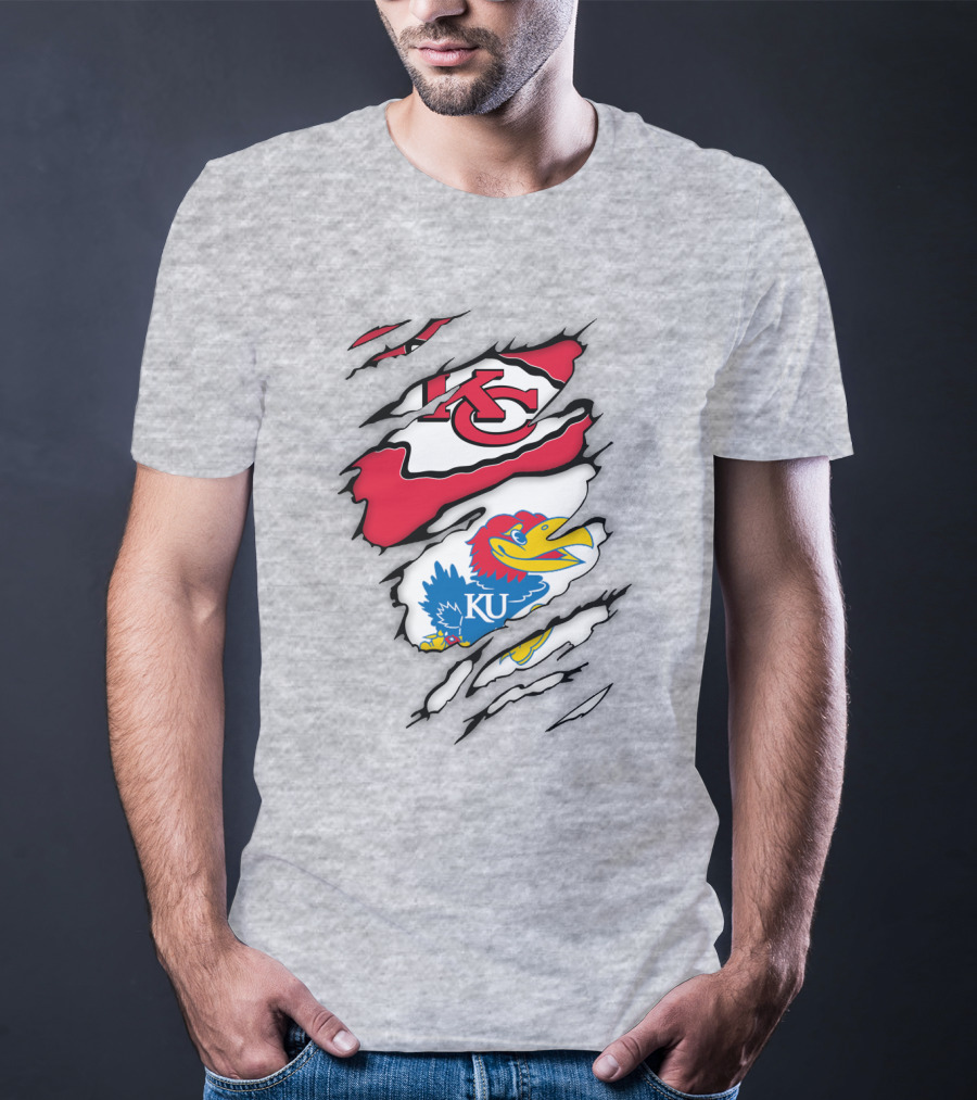 Kansas City Chiefs And Ku Jayhawks Logos Torn T-Shirt