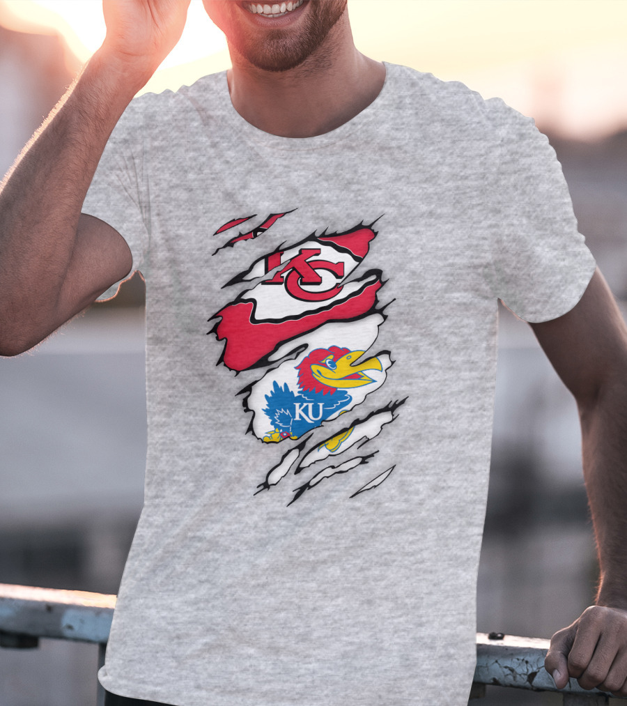 Kansas City Chiefs And Ku Jayhawks Logos Torn T-Shirt