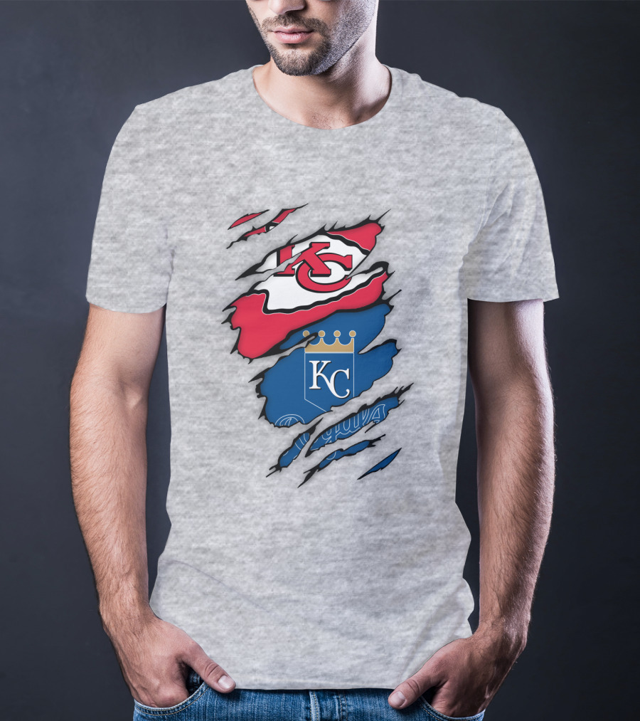 Kansas City Royals Kc And Kansas City Chiefs Arrowhead Red Blue Logo Fusion T-Shirt