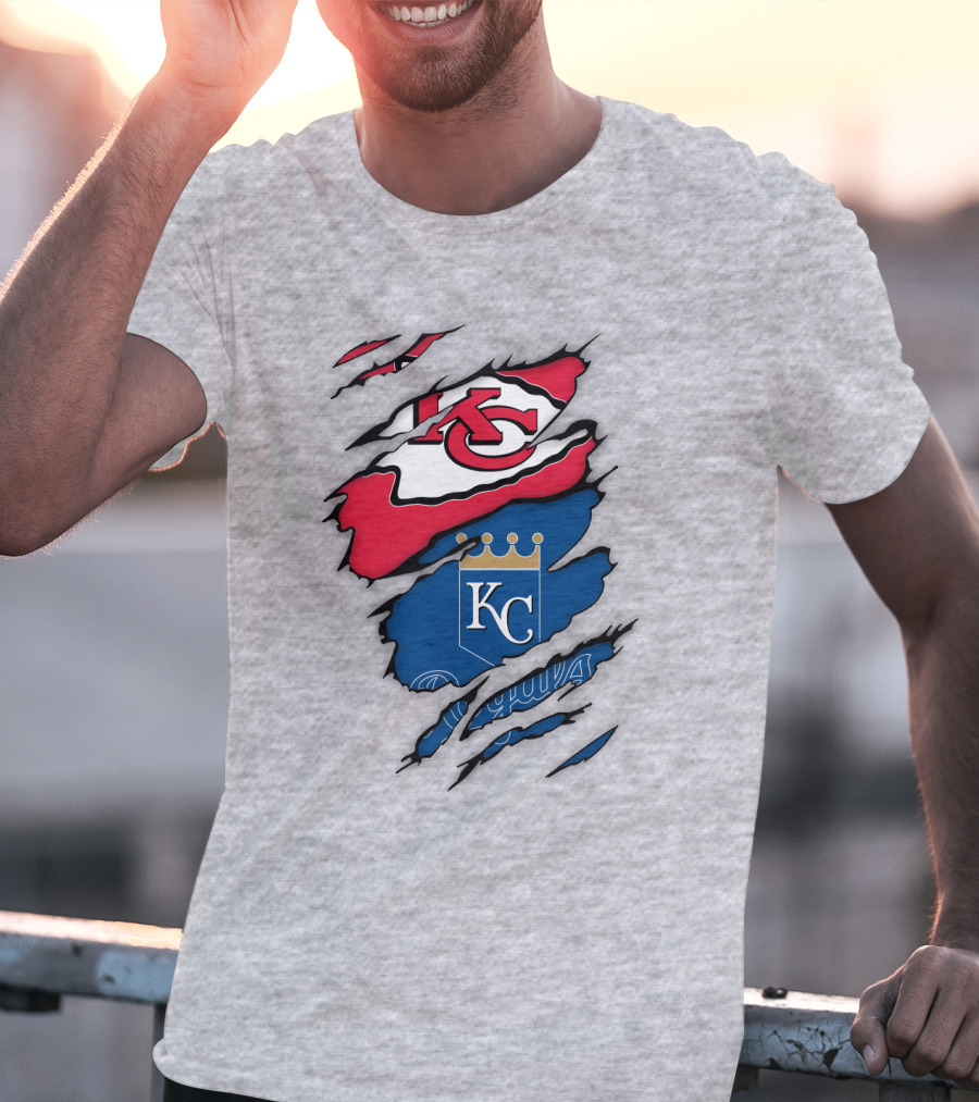 Kansas City Royals Kc And Kansas City Chiefs Arrowhead Red Blue Logo Fusion T-Shirt