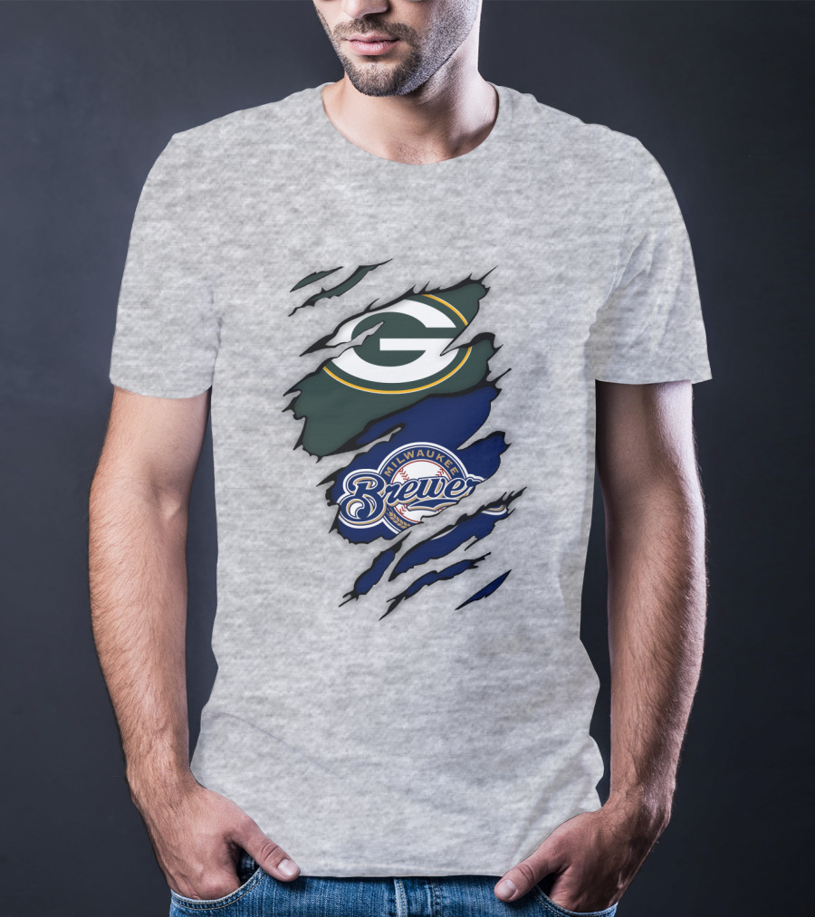 Milwaukee Brewers Green Bay Packers Logos Claw Marks T-Shirt