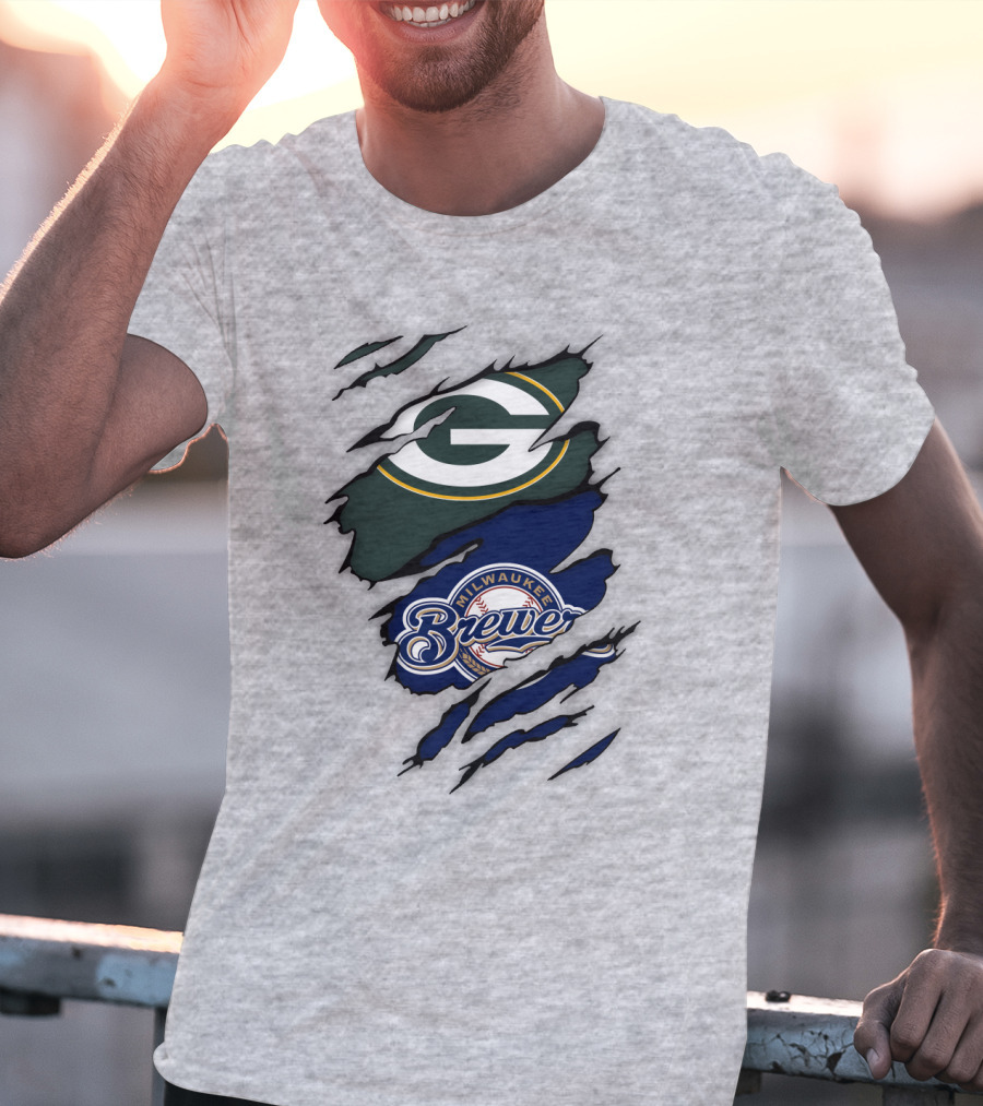 Milwaukee Brewers Green Bay Packers Logos Claw Marks T-Shirt