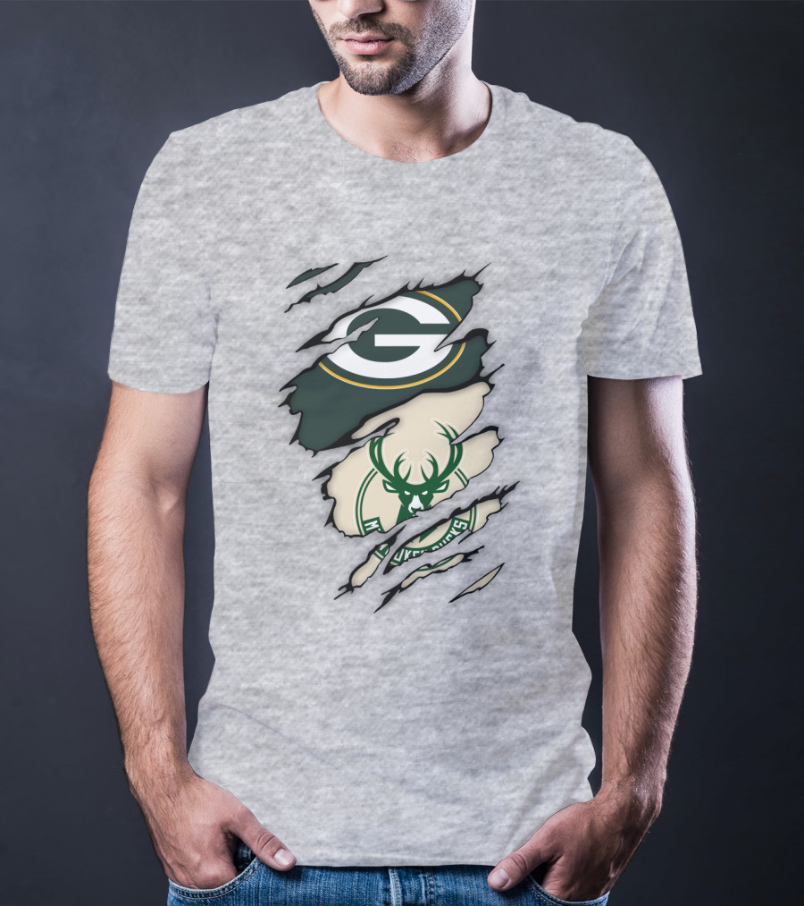 Green Bay Packers Milwaukee Bucks Ripped Reveal Logo Fusion T-Shirt