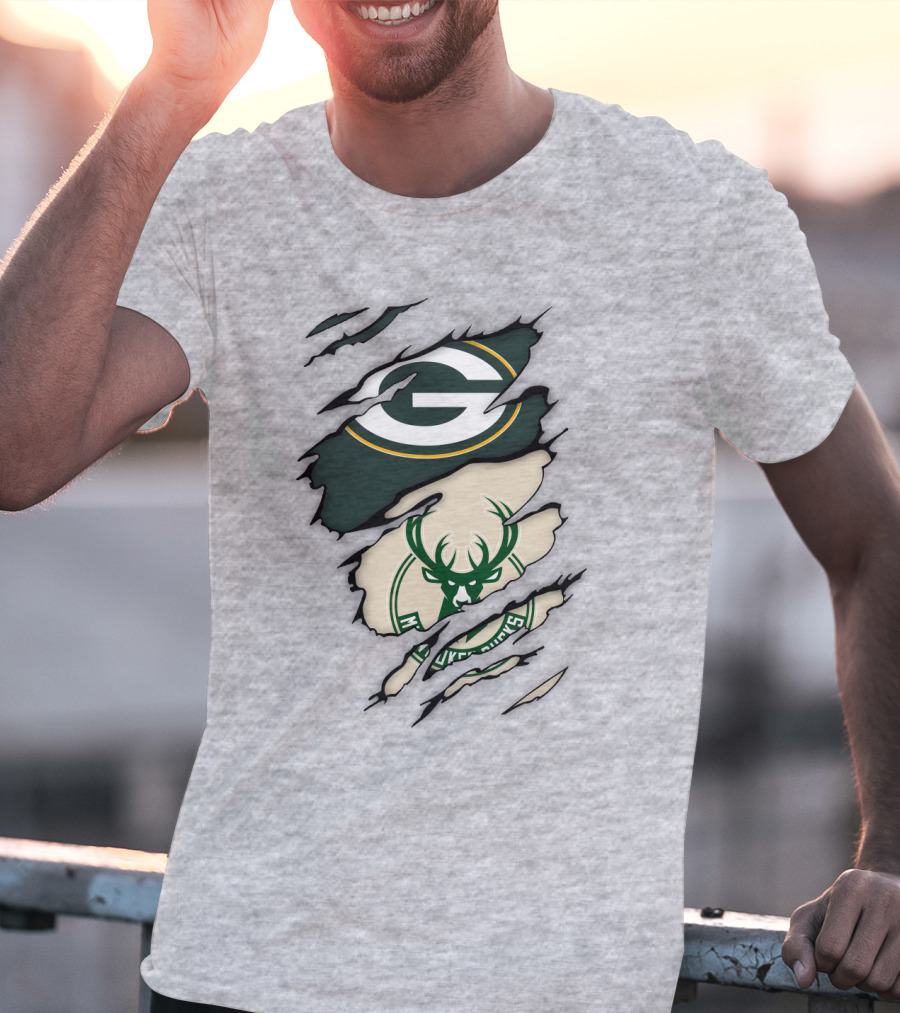 Green Bay Packers Milwaukee Bucks Ripped Reveal Logo Fusion T-Shirt
