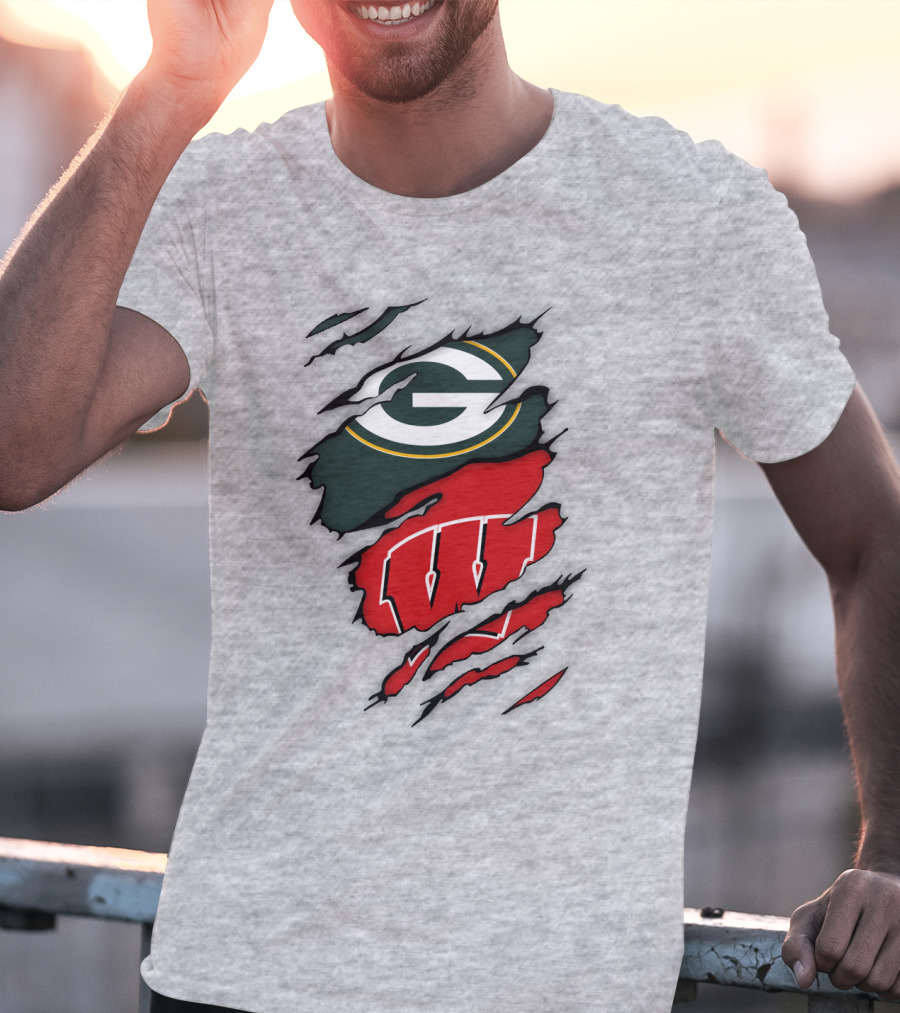 Wisconsin Badgers And Green Bay Packers Claw Marks Logo Mashup T-Shirt