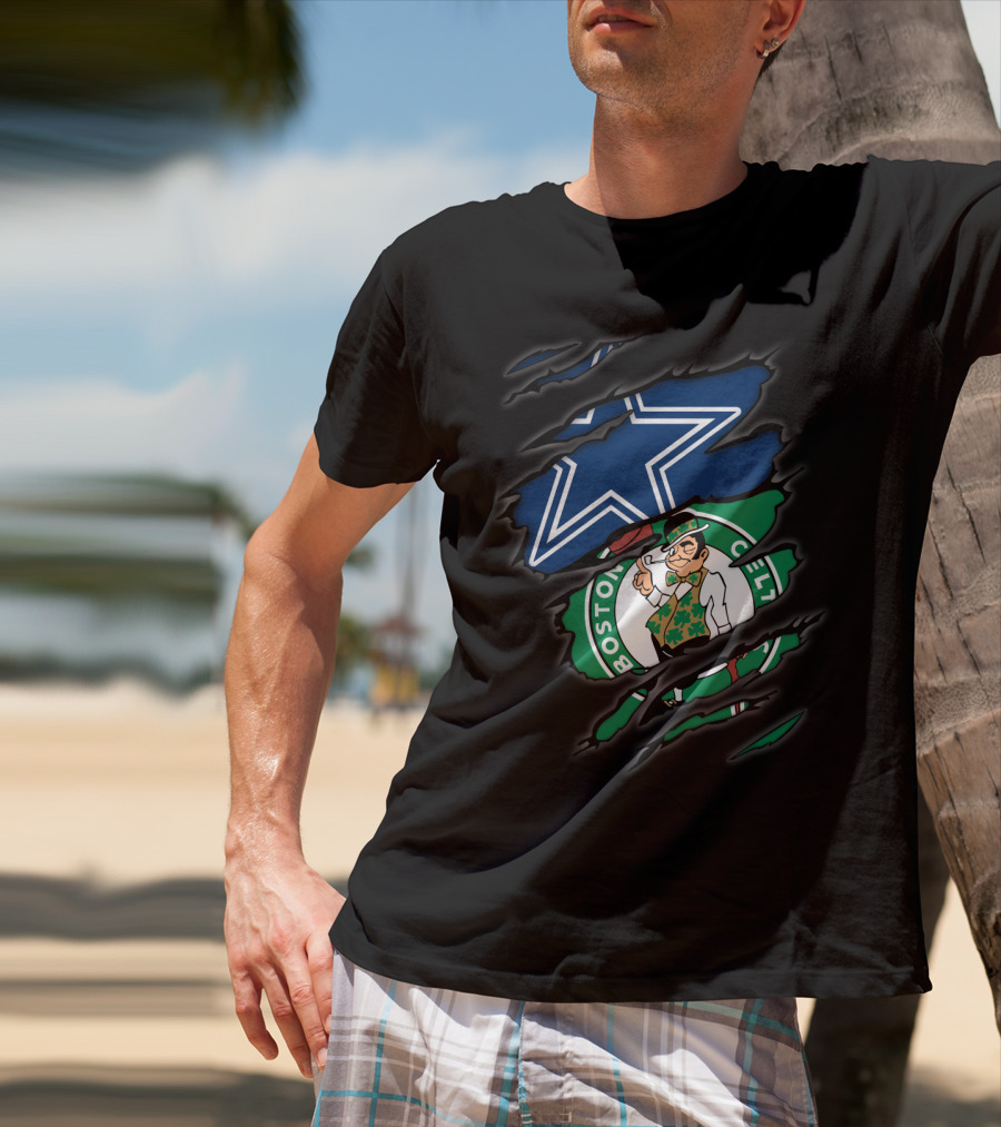 Cowboys Boston Celtics Logo Mashup Ripped T-Shirt