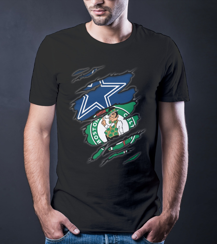 Cowboys Boston Celtics Logo Mashup Ripped T-Shirt