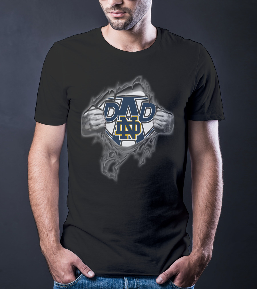 Notre Dame Dad Super Hero Logo With Hands Ripping T-Shirt