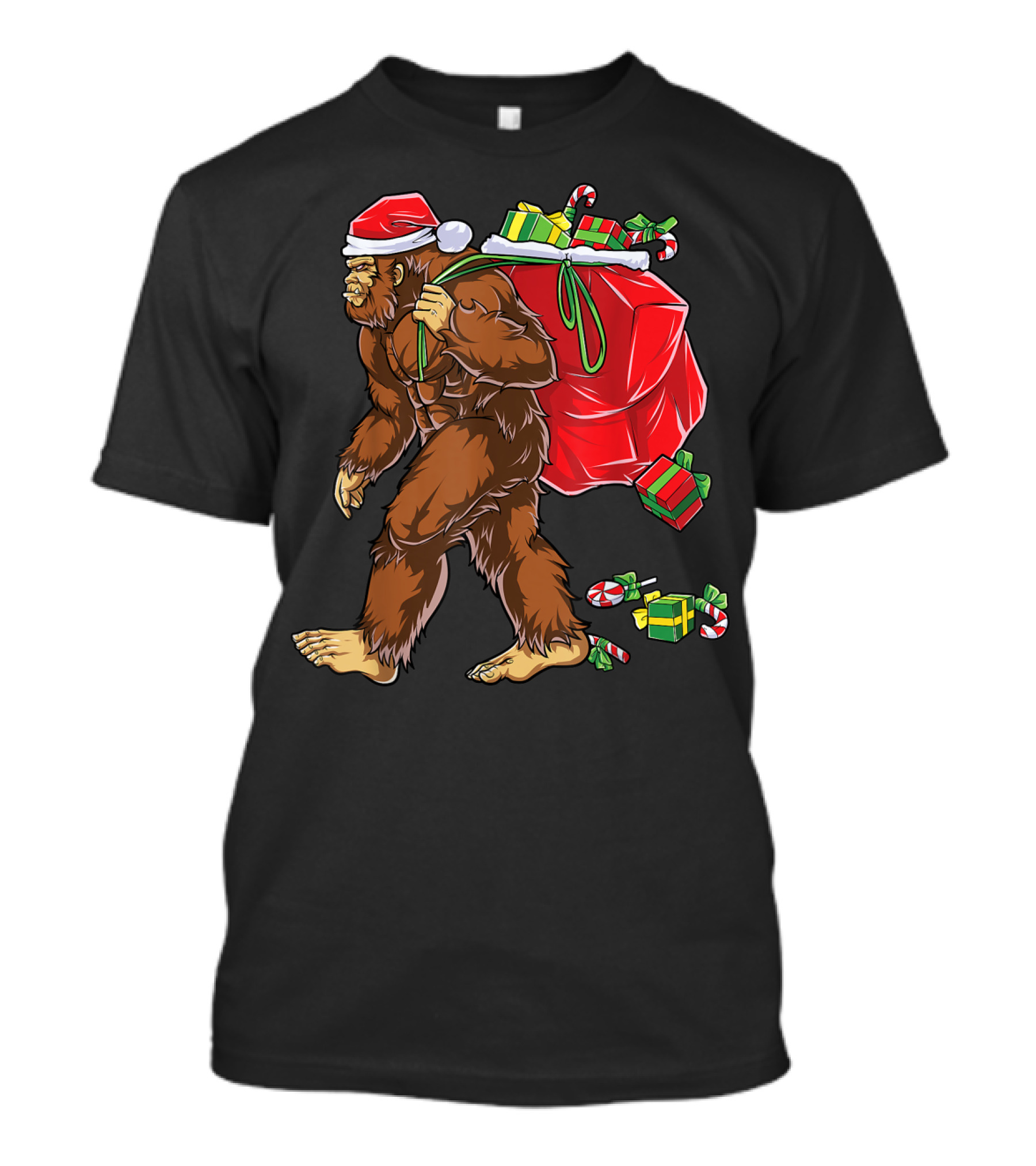 Bigfoot Santa With Giant Red Christmas Bag And Green Gifts Wearing Xmas Hat T-Shirt