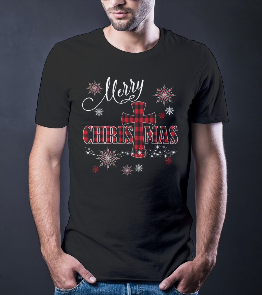 Merry Christmas Christian Cross Buffalo Plaid With Snowflakes T-Shirt