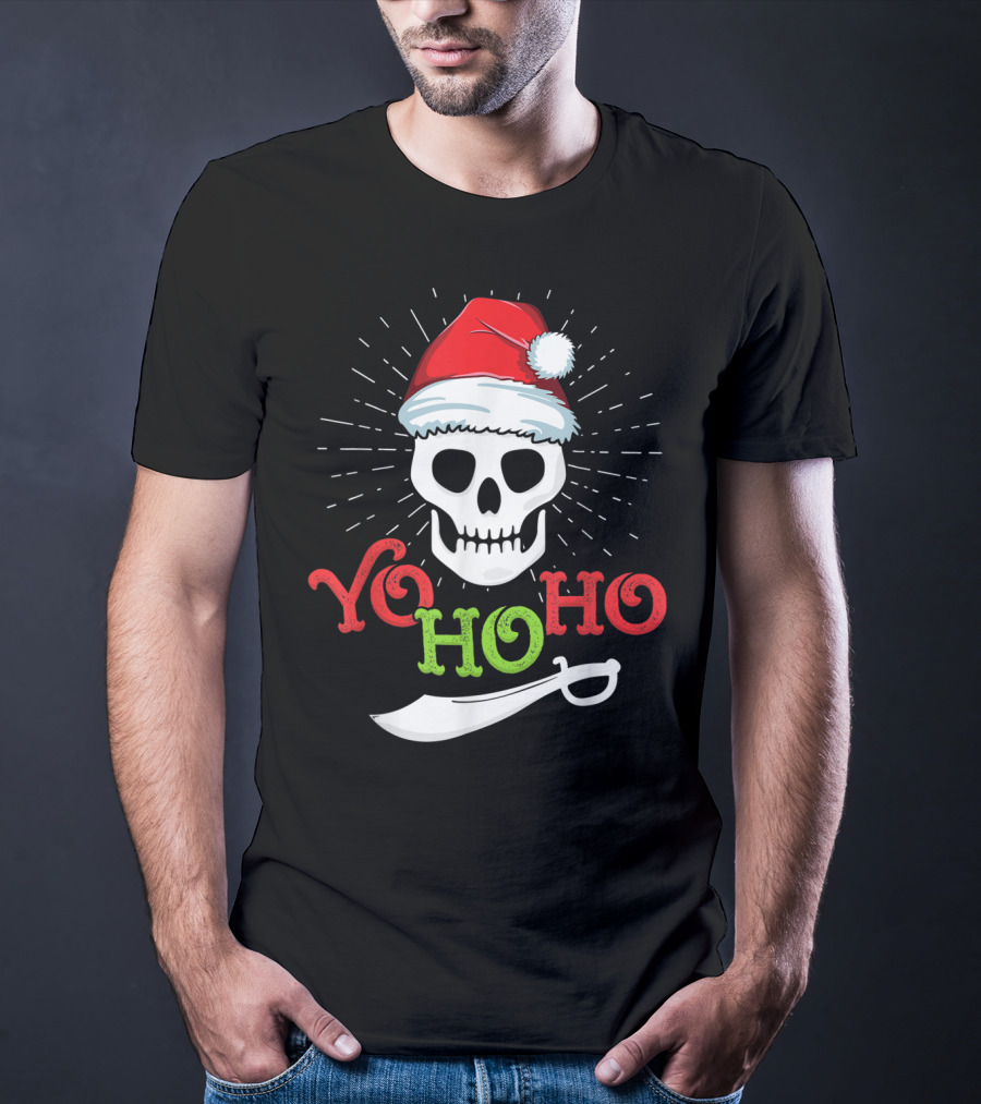 Yo Ho Ho Skull With Santa Hat And Sword T-Shirt