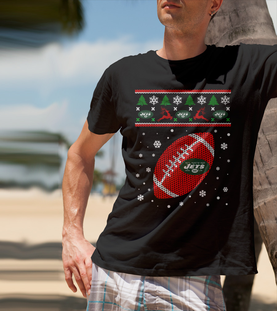 Football Lover Ugly Christmas Jets Team Holiday T-Shirt