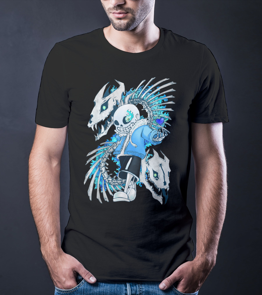 Sans Undertale Skeleton Flames Blue Heart Gaming Character T-Shirt